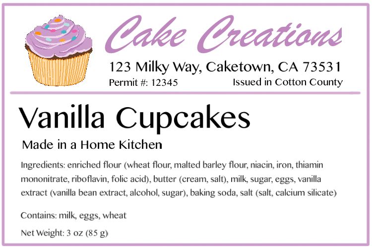 Example label for home baking business